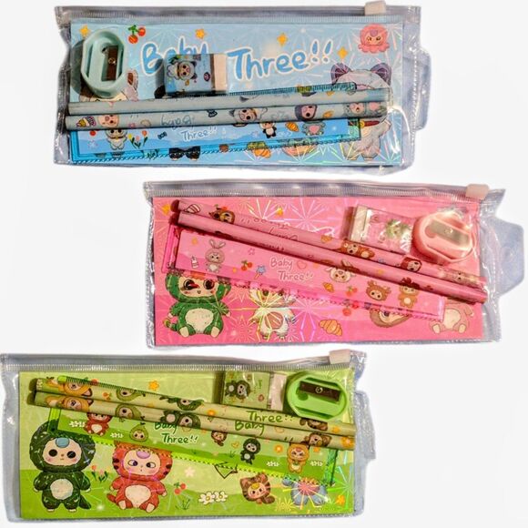 Other - Kawaii Kids Stationery Set Pencil Ruler Eraser Sharpener Zipper Pouch Bundle